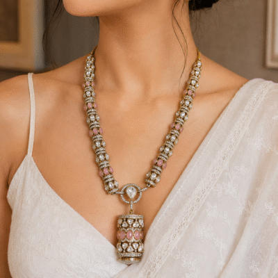 Antique Gold Long Necklace Set With Pink Stones