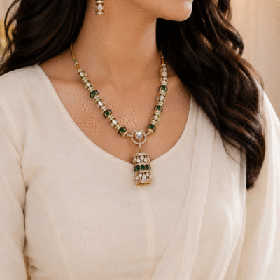 Antique Gold Long Necklace Set With Green Stones