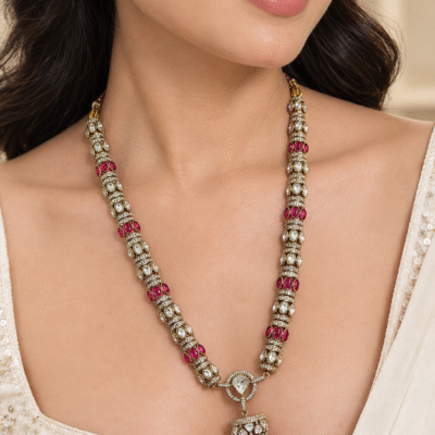 Antique Gold Long Necklace Set With Ruby Stones