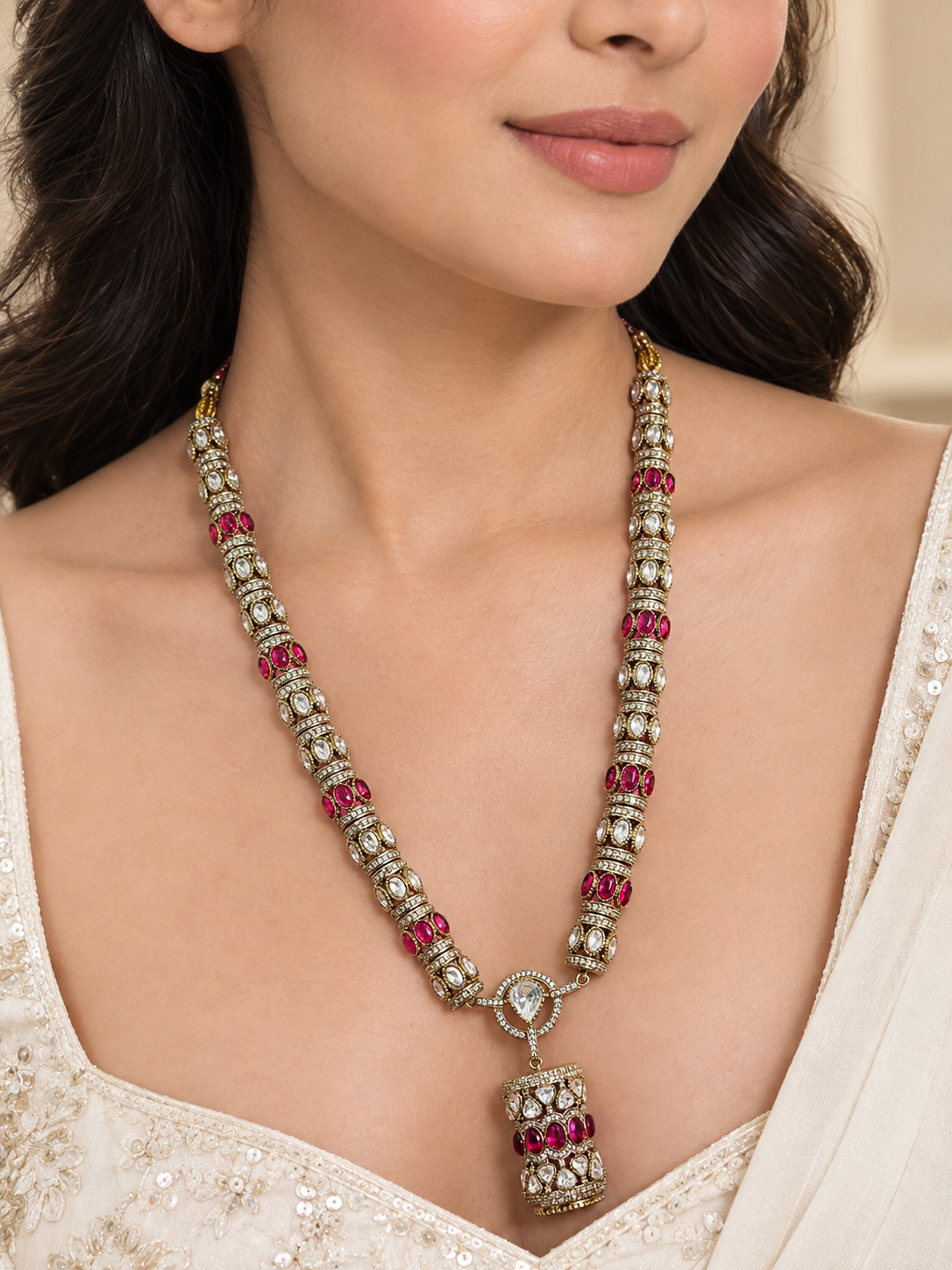 Antique Gold Long Necklace Set With Ruby Stones