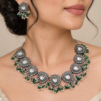 Kundan Choker Necklace Set With Green Beads