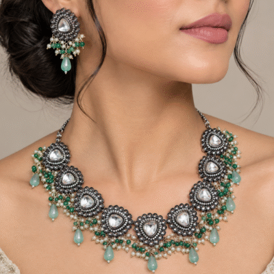 Kundan Choker Necklace Set With Green Beads