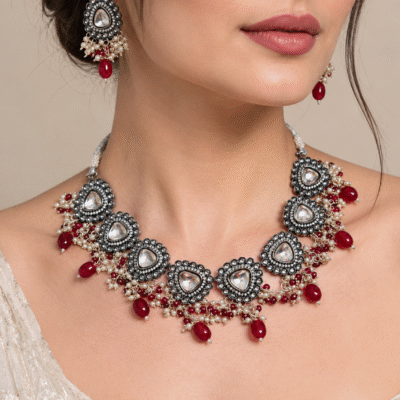 Kundan Choker Necklace Set With Red Beads
