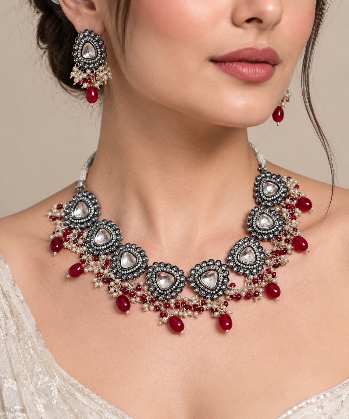 Kundan Choker Necklace Set With Red Beads