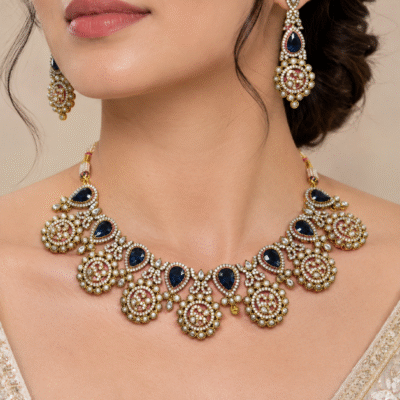 Antique Gold Necklace Set With Blue Sapphire Stones