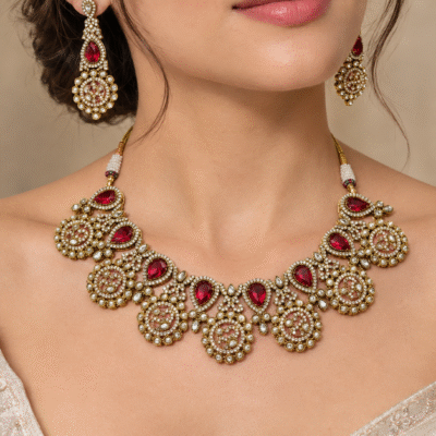 Antique Gold Necklace Set With Red Stones