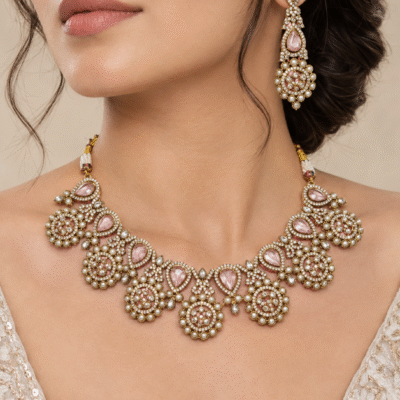 Antique Gold Necklace Set With Pink Stones