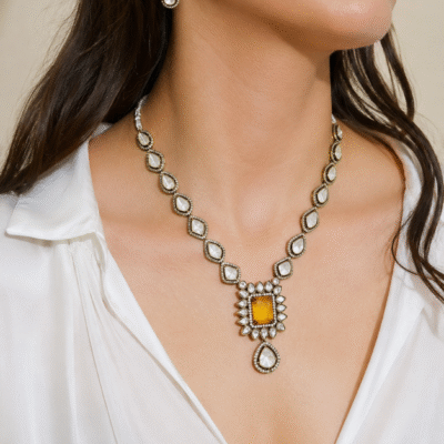 Polki Necklace Set With Yellow Stone Pendant