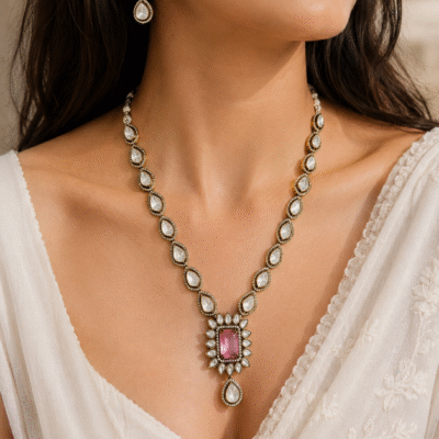 Polki Necklace Set With Pink Stone Pendant