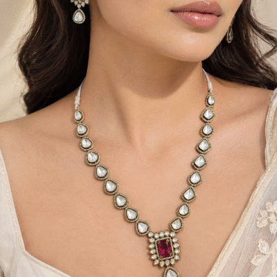Polki Necklace Set With Ruby Red Stone Pendant
