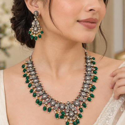 Polki Necklace Set With Green Beads For Women