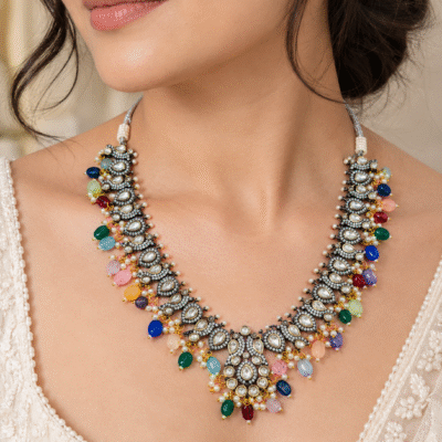 Polki Necklace Set With Multi Beads For Women
