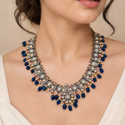 Polki Necklace Set With Blue Beads For Women