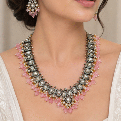 Polki Necklace Set With Pink Beads For Women