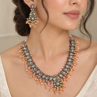 Polki Necklace Set With Peach Beads For Women