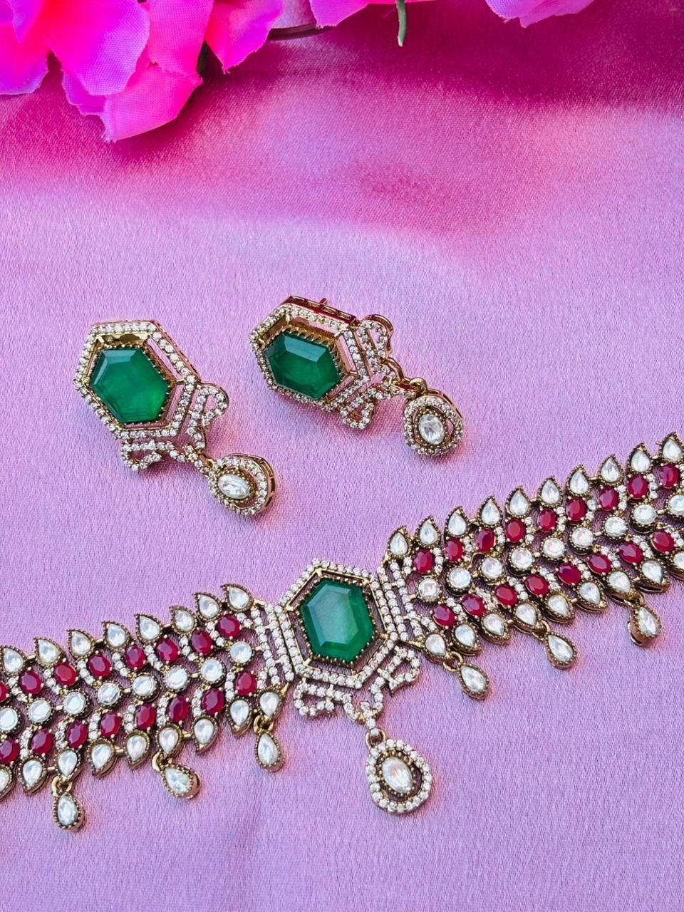 Victorian Ruby Red With Emarald Green Kundan Choker Set - Image 2