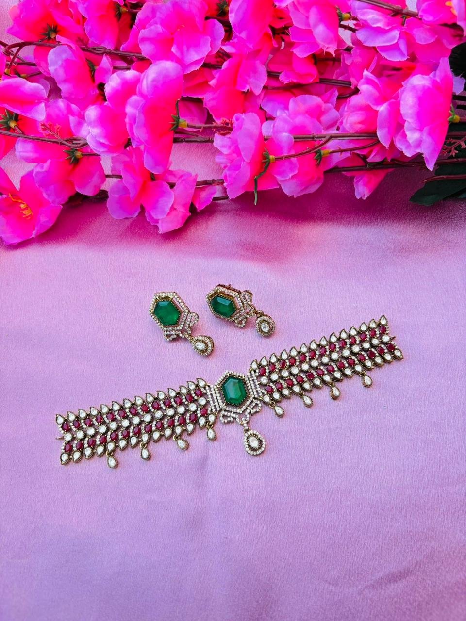 Victorian Ruby Red With Emarald Green Kundan Choker Set
