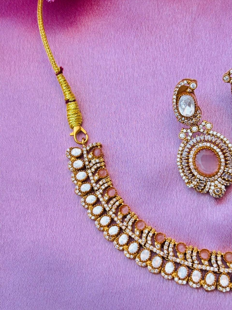 Victorian Pink Kundan Necklace Set with Matching Earrings - Image 3