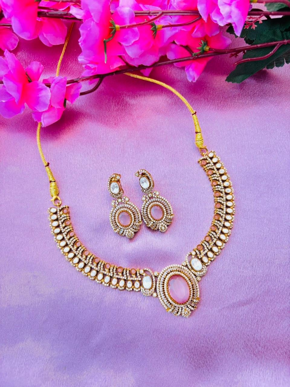 Victorian Pink Kundan Necklace Set with Matching Earrings