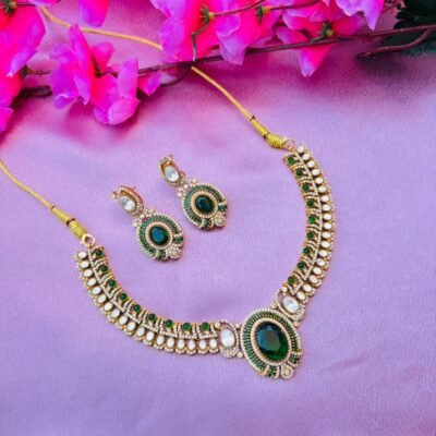Victorian Green Kundan Necklace Set with Matching Earrings