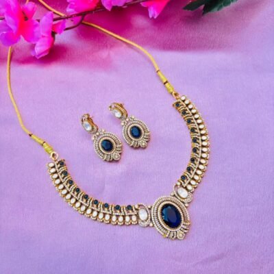 Victorian Blue Kundan Necklace Set with Matching Earrings