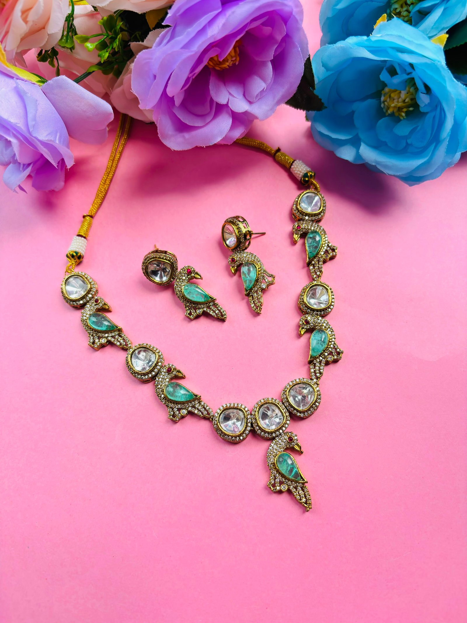 Kundan Peacock Bird Necklace Set with Mint Green Stones - Image 2