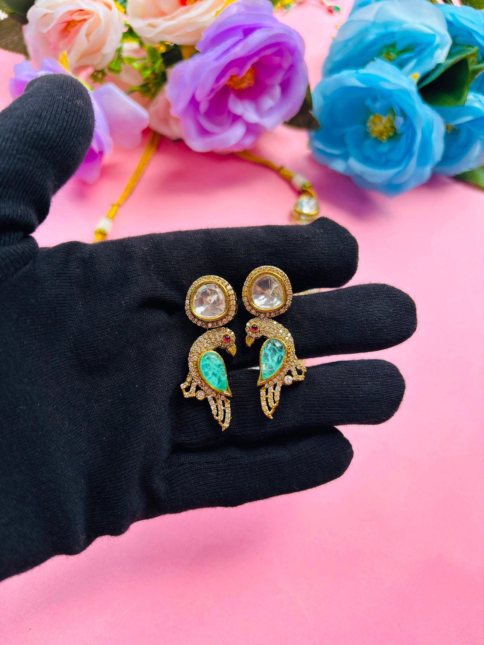 Kundan Peacock Bird Necklace Set with Mint Green Stones - Image 5