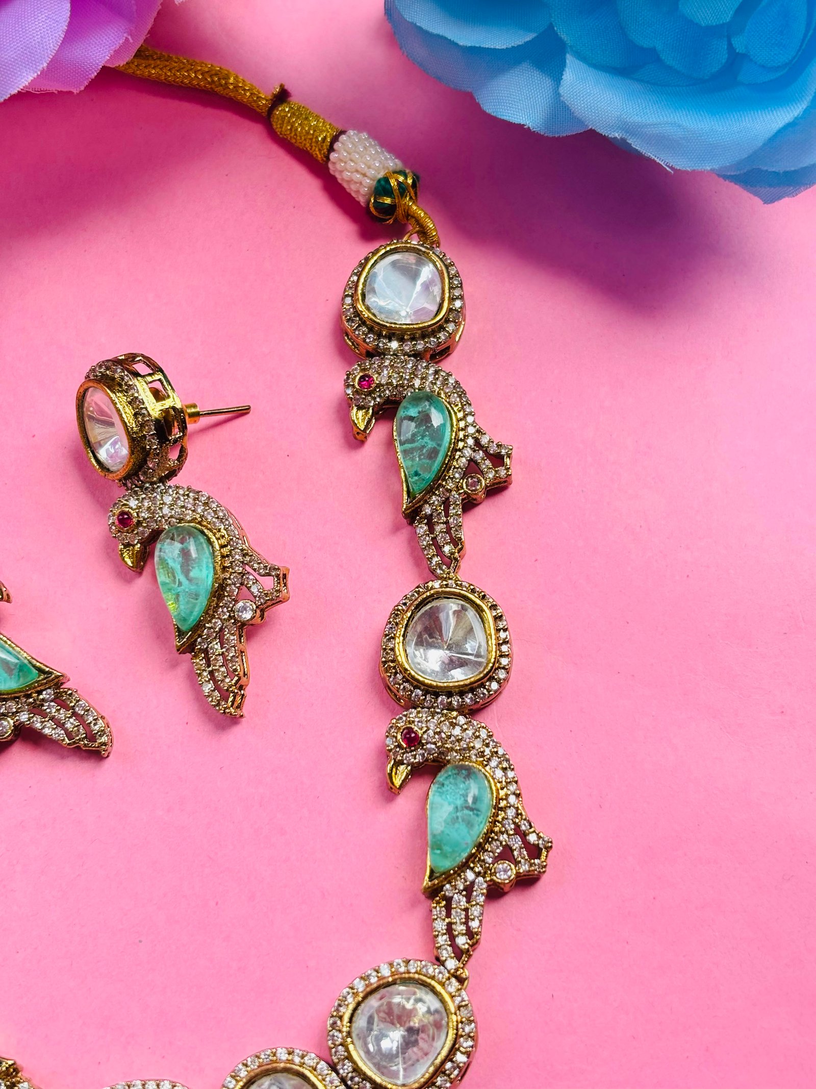 Kundan Peacock Bird Necklace Set with Mint Green Stones - Image 4