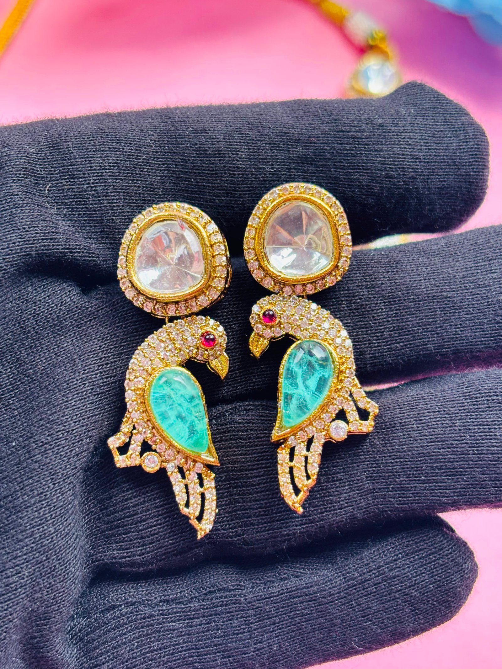 Kundan Peacock Bird Necklace Set with Mint Green Stones - Image 6