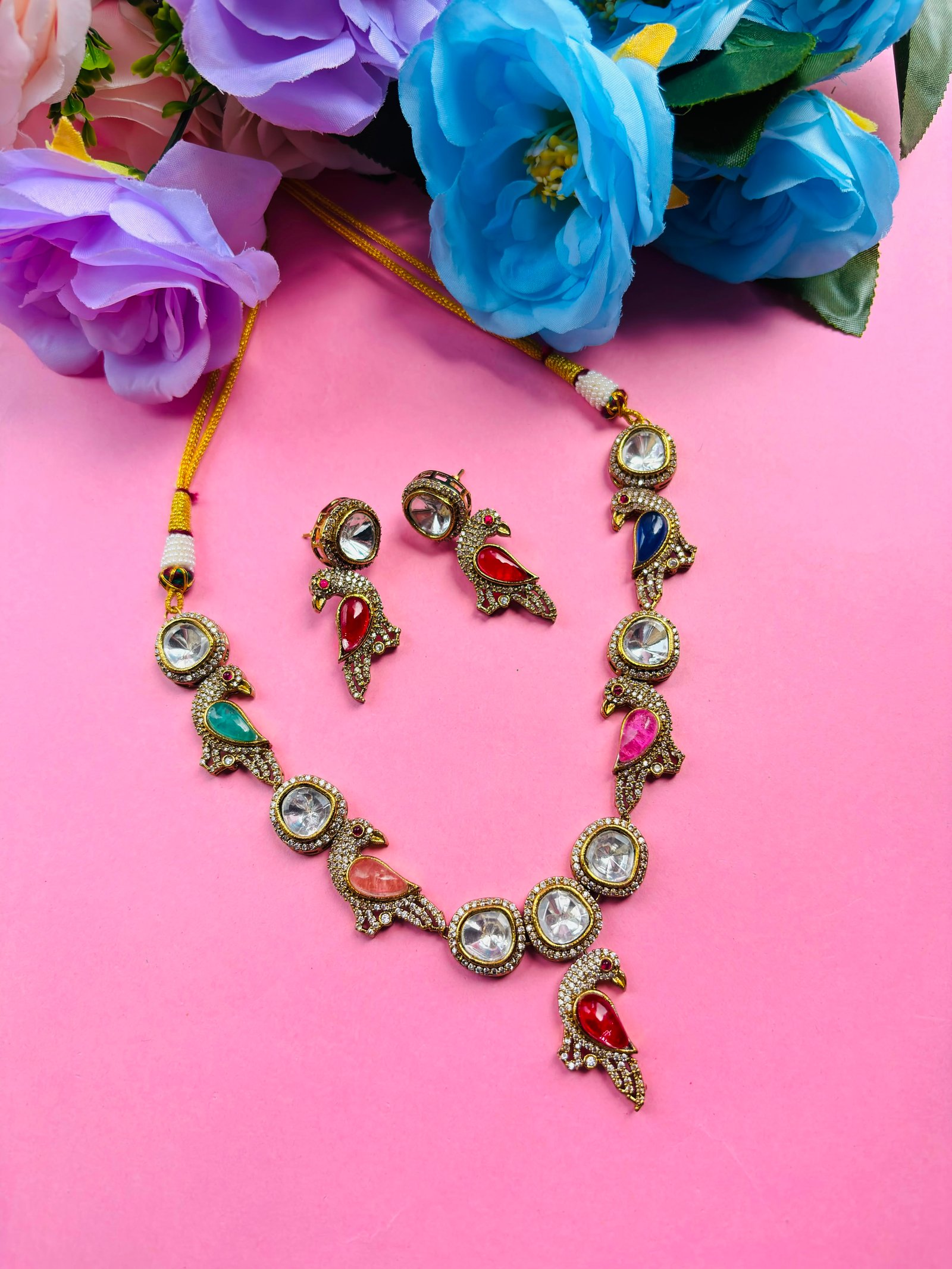 Kundan Peacock Bird Necklace Set with Multi Stones - Image 2