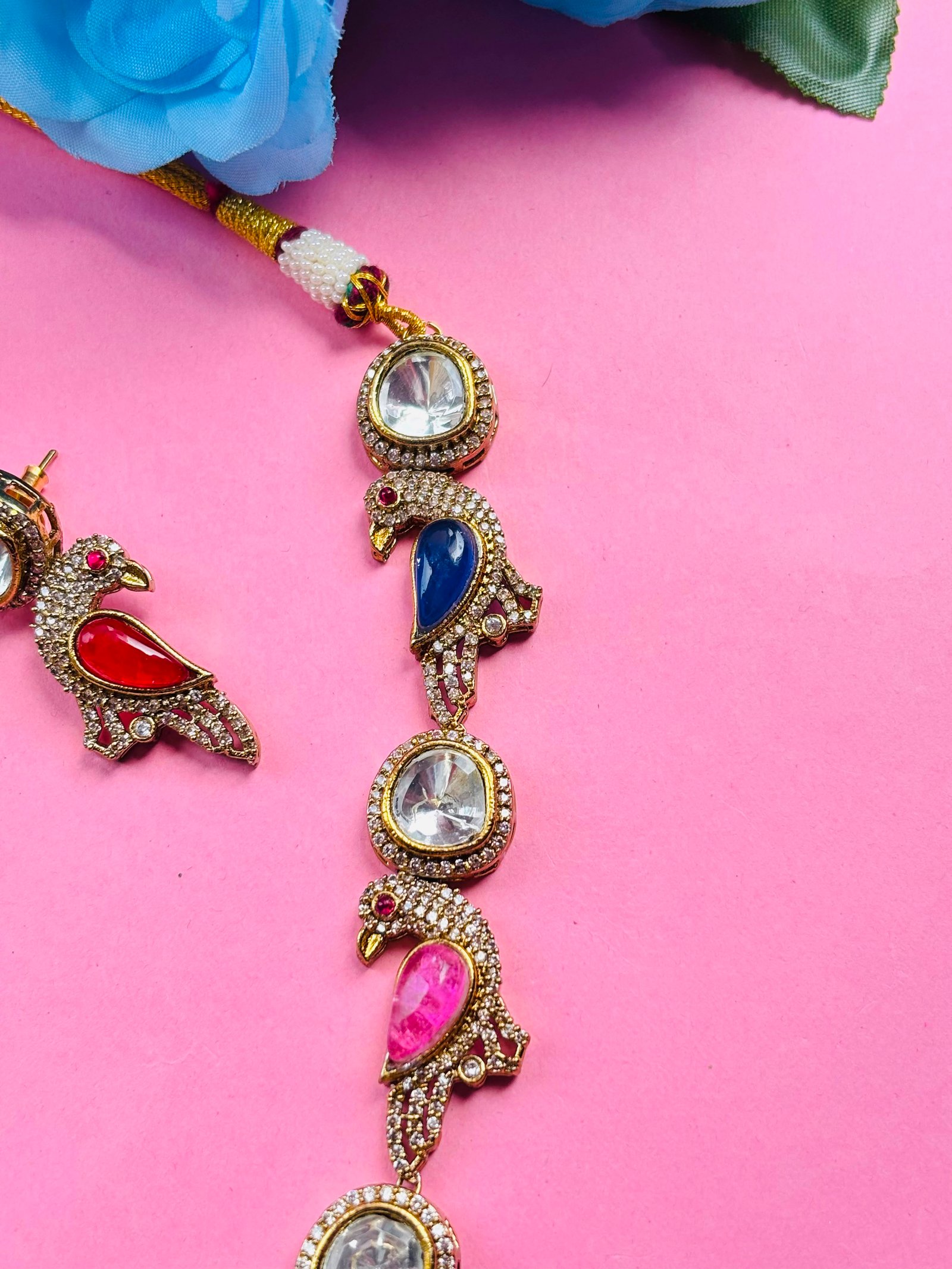 Kundan Peacock Bird Necklace Set with Multi Stones - Image 4