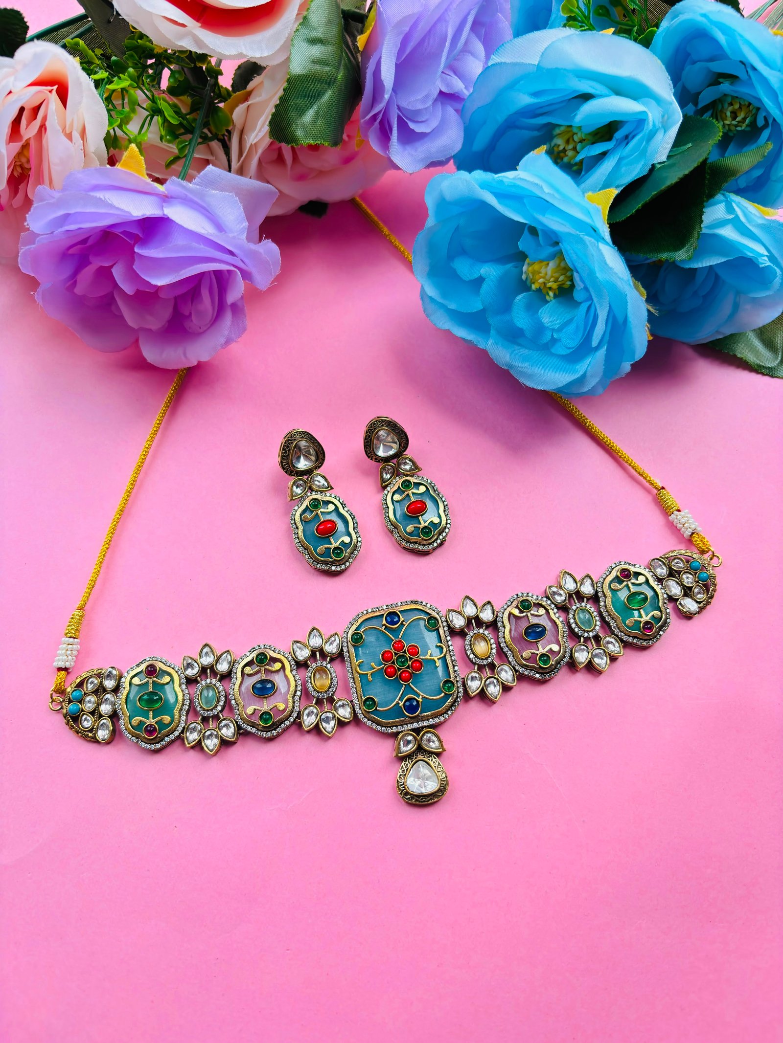 Meenakari Kundan Choker Set with Multicolor Enamel Work - Image 2