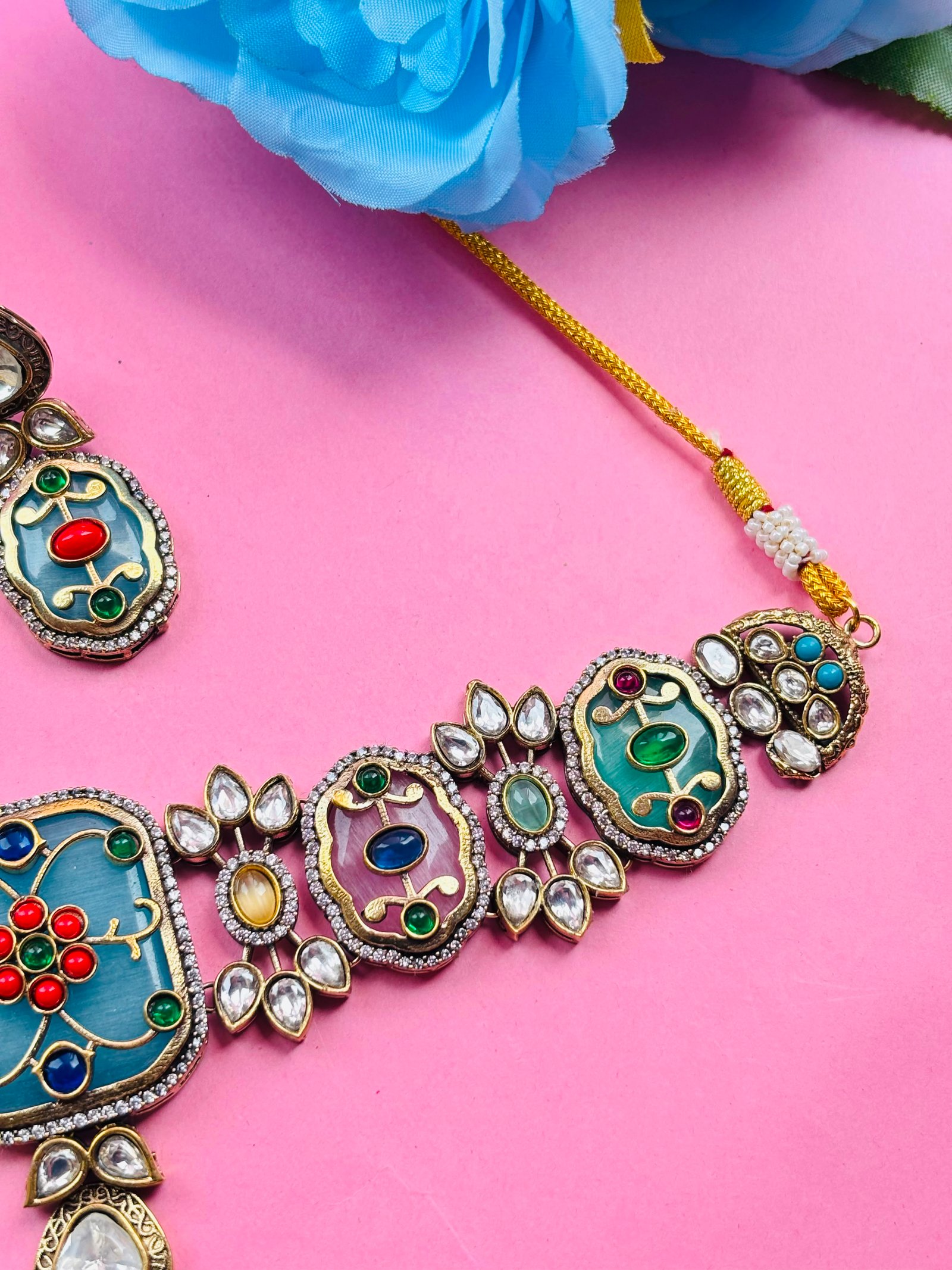 Meenakari Kundan Choker Set with Multicolor Enamel Work - Image 3