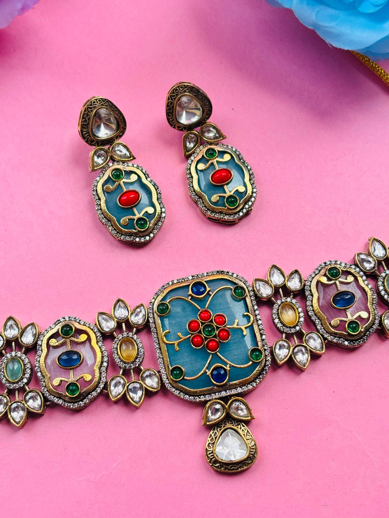 Meenakari Kundan Choker Set with Multicolor Enamel Work - Image 4