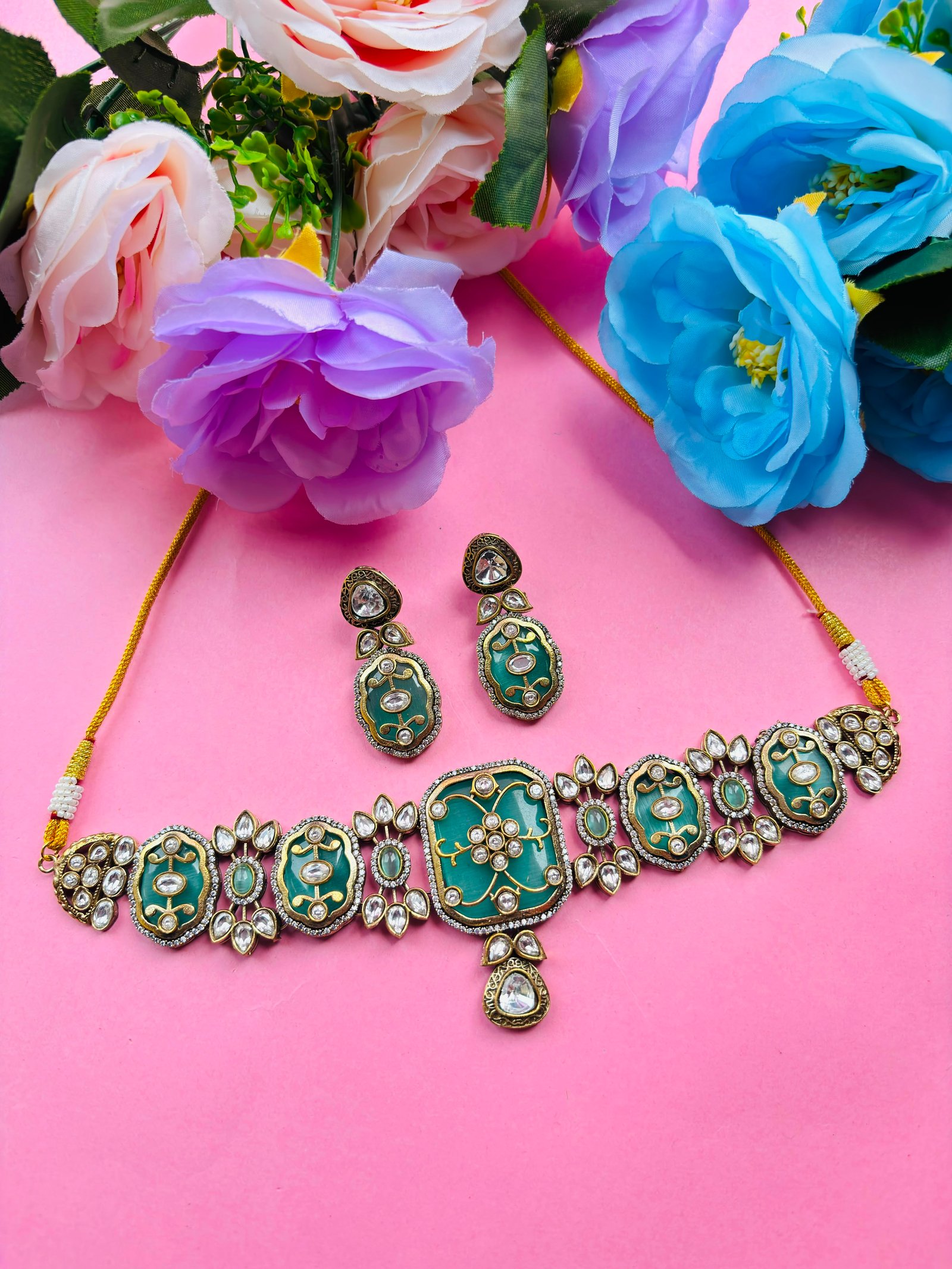 Meenakari Kundan Choker Set with Multicolor Enamel Work - Image 2