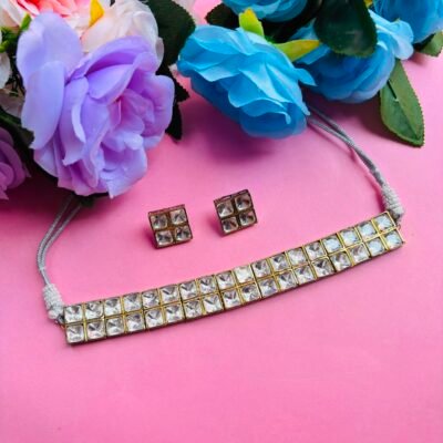 Polki Choker Necklace Set With White Checkered Stones