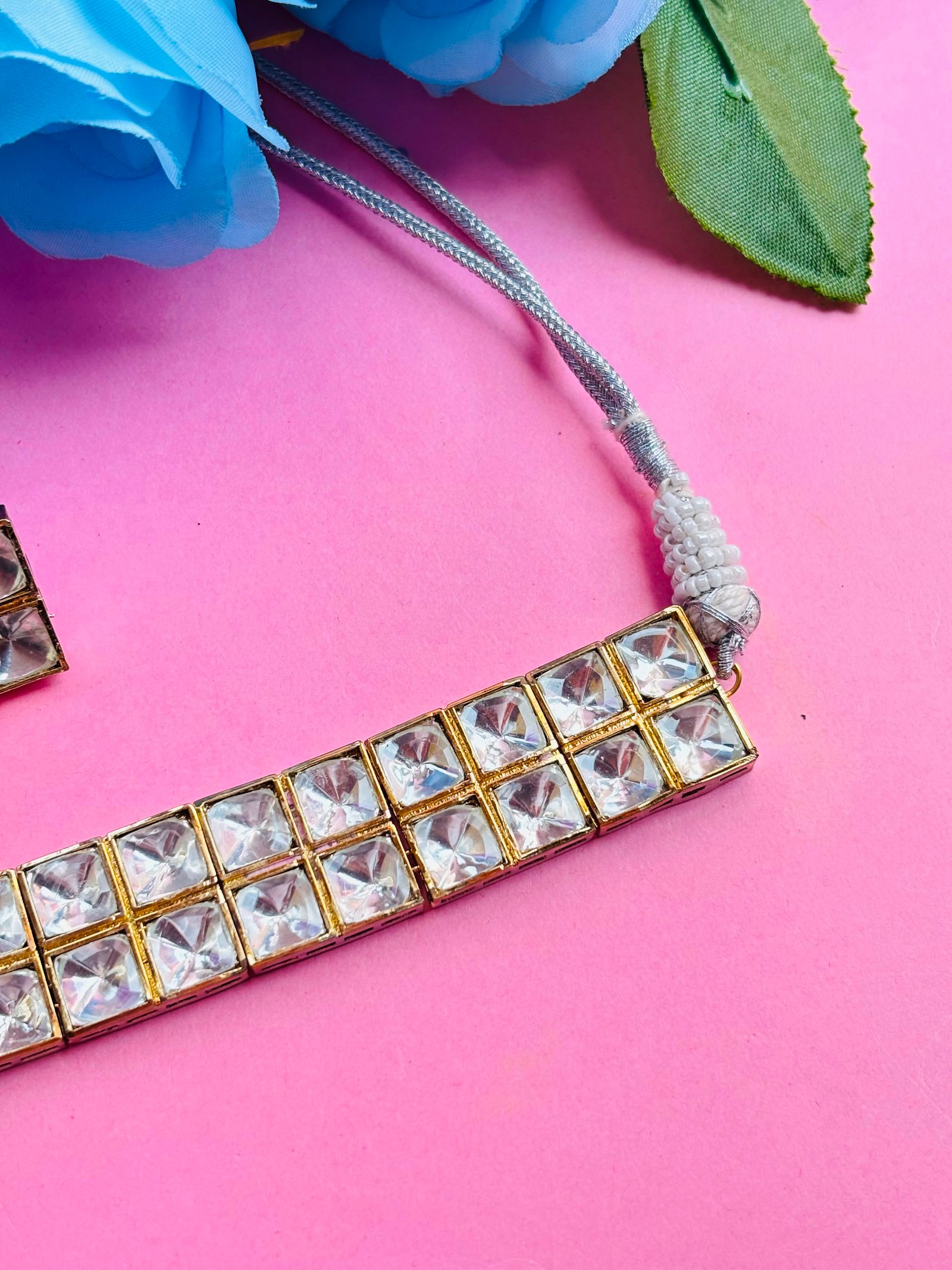 Polki Choker Necklace Set With White Checkered Stones - Image 6