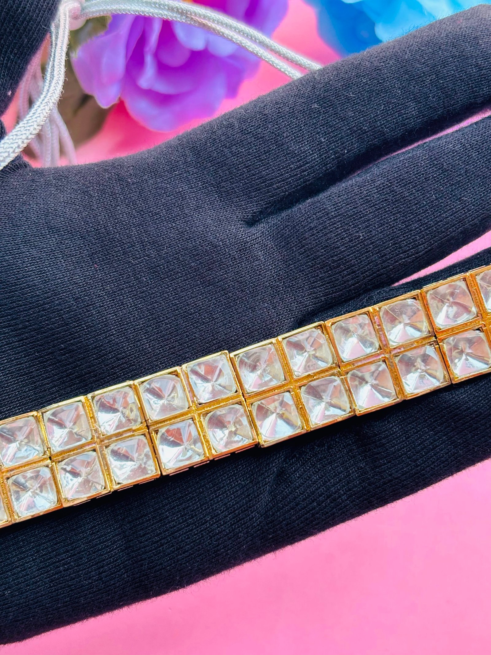 Polki Choker Necklace Set With White Checkered Stones - Image 4