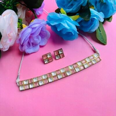 Polki Choker Necklace Set With Pink Checkered Stones