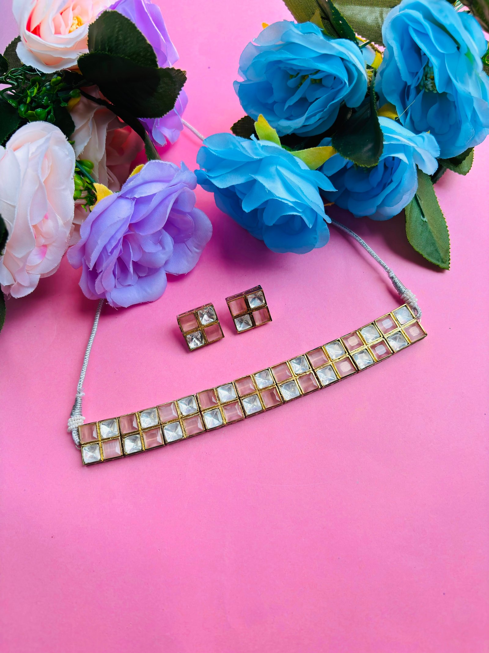 Polki Choker Necklace Set With Pink Checkered Stones
