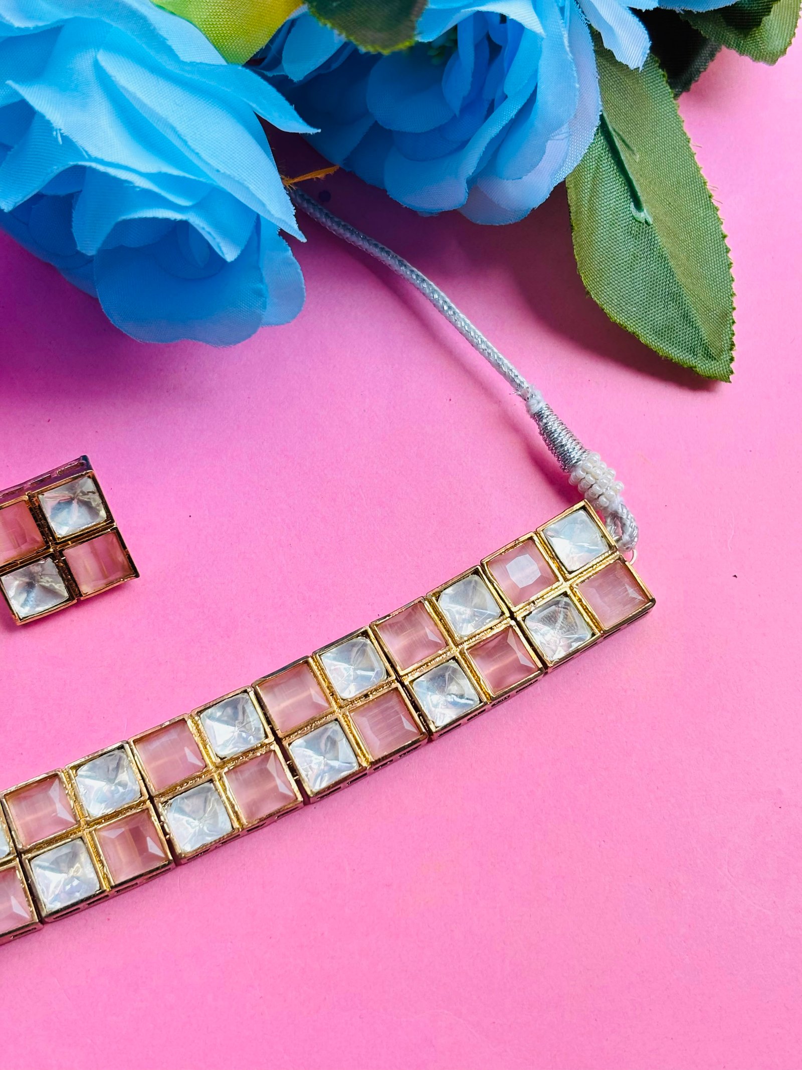 Polki Choker Necklace Set With Pink Checkered Stones - Image 3