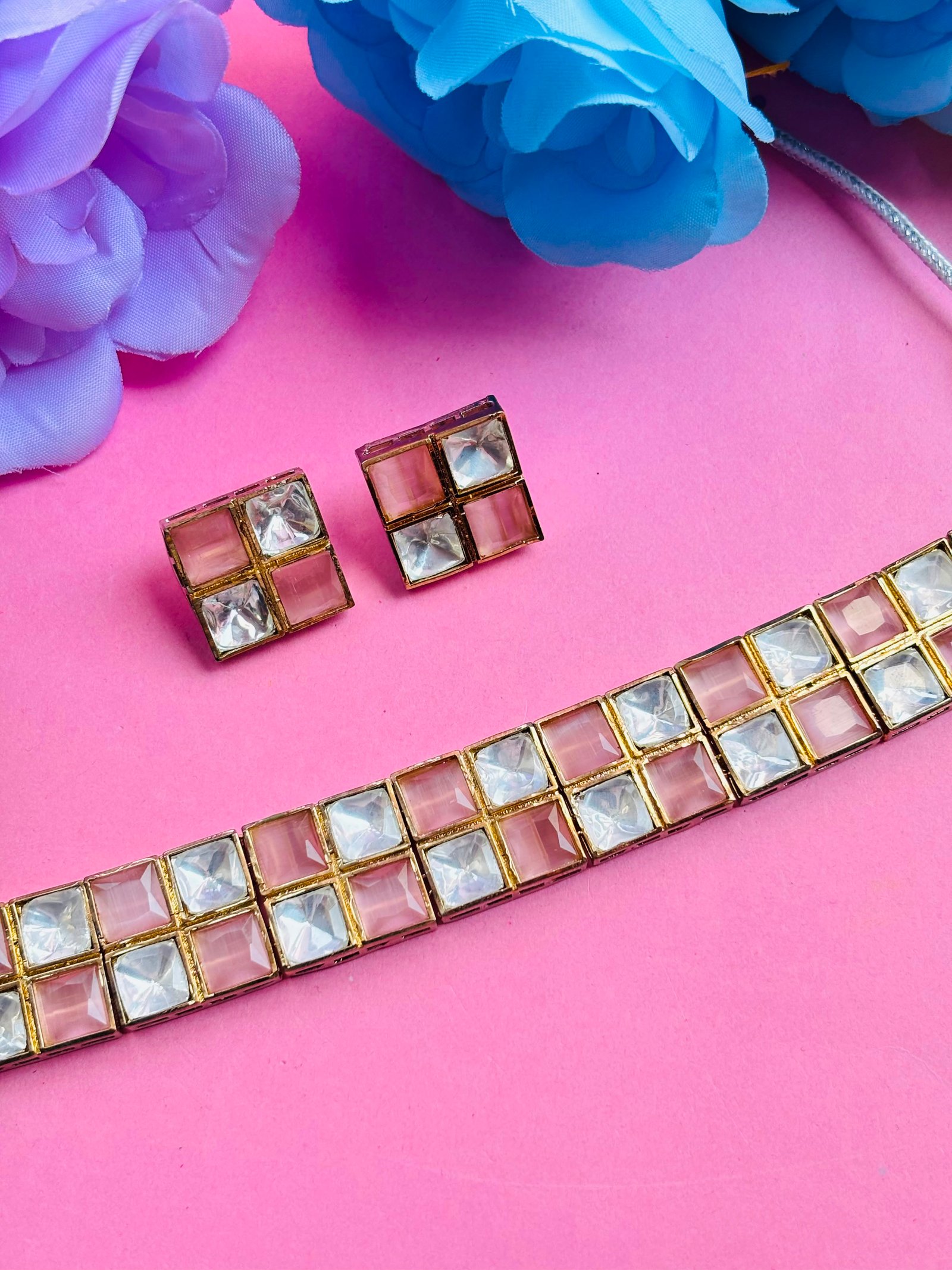 Polki Choker Necklace Set With Pink Checkered Stones - Image 2
