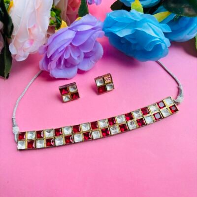 Polki Choker Necklace Set With Red Checkered Stones