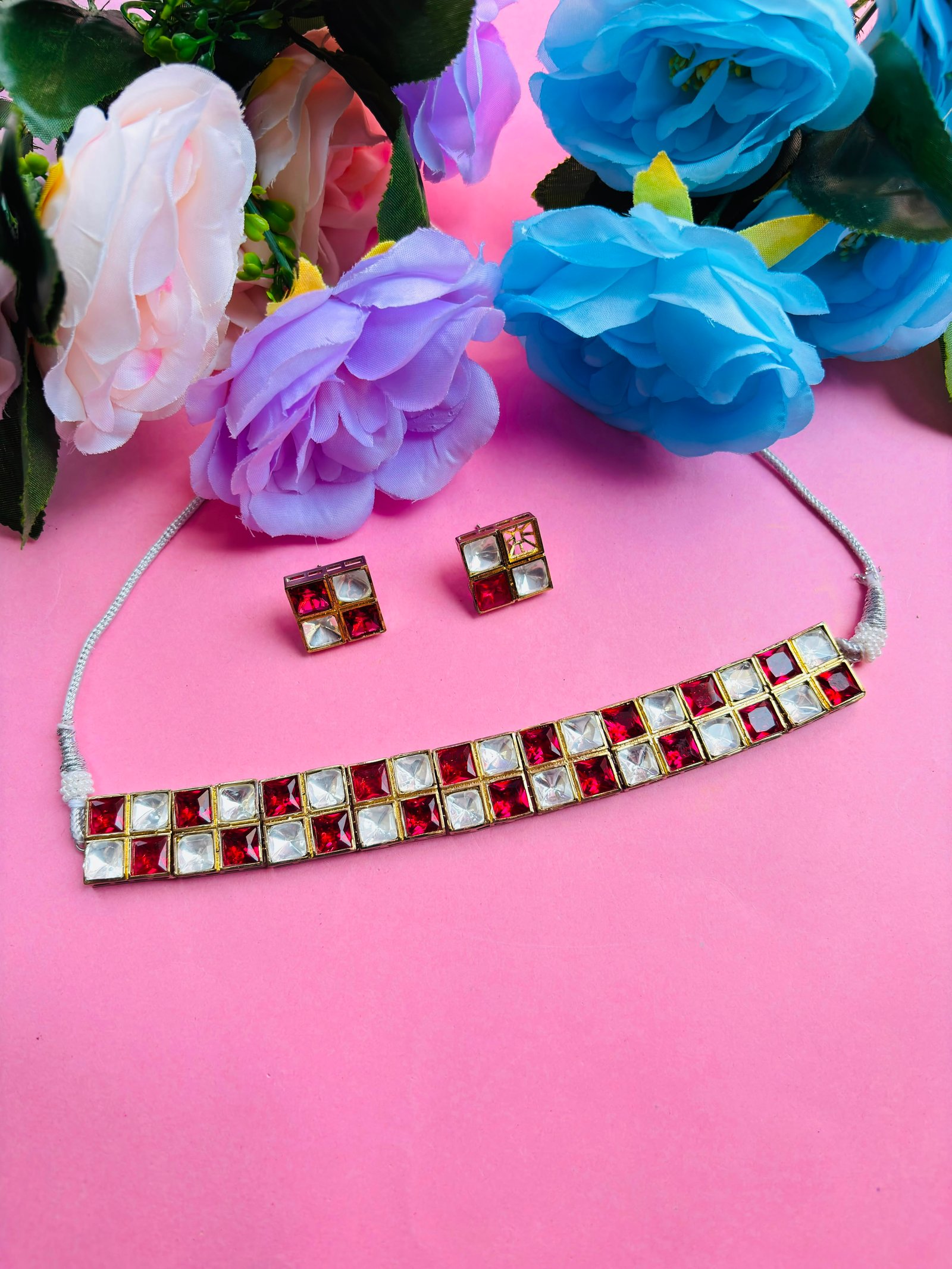 Polki Choker Necklace Set With Red Checkered Stones