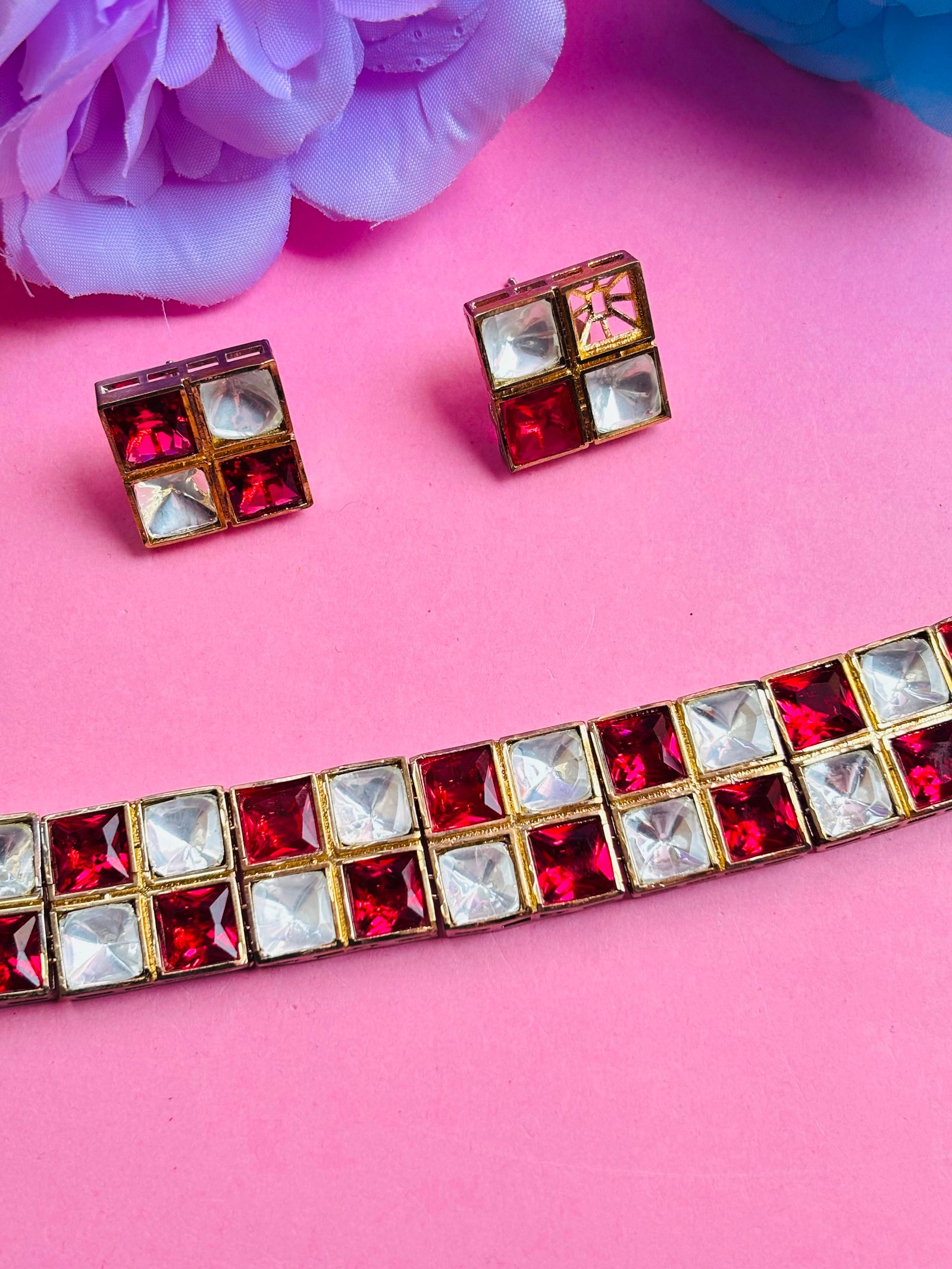 Polki Choker Necklace Set With Red Checkered Stones - Image 3