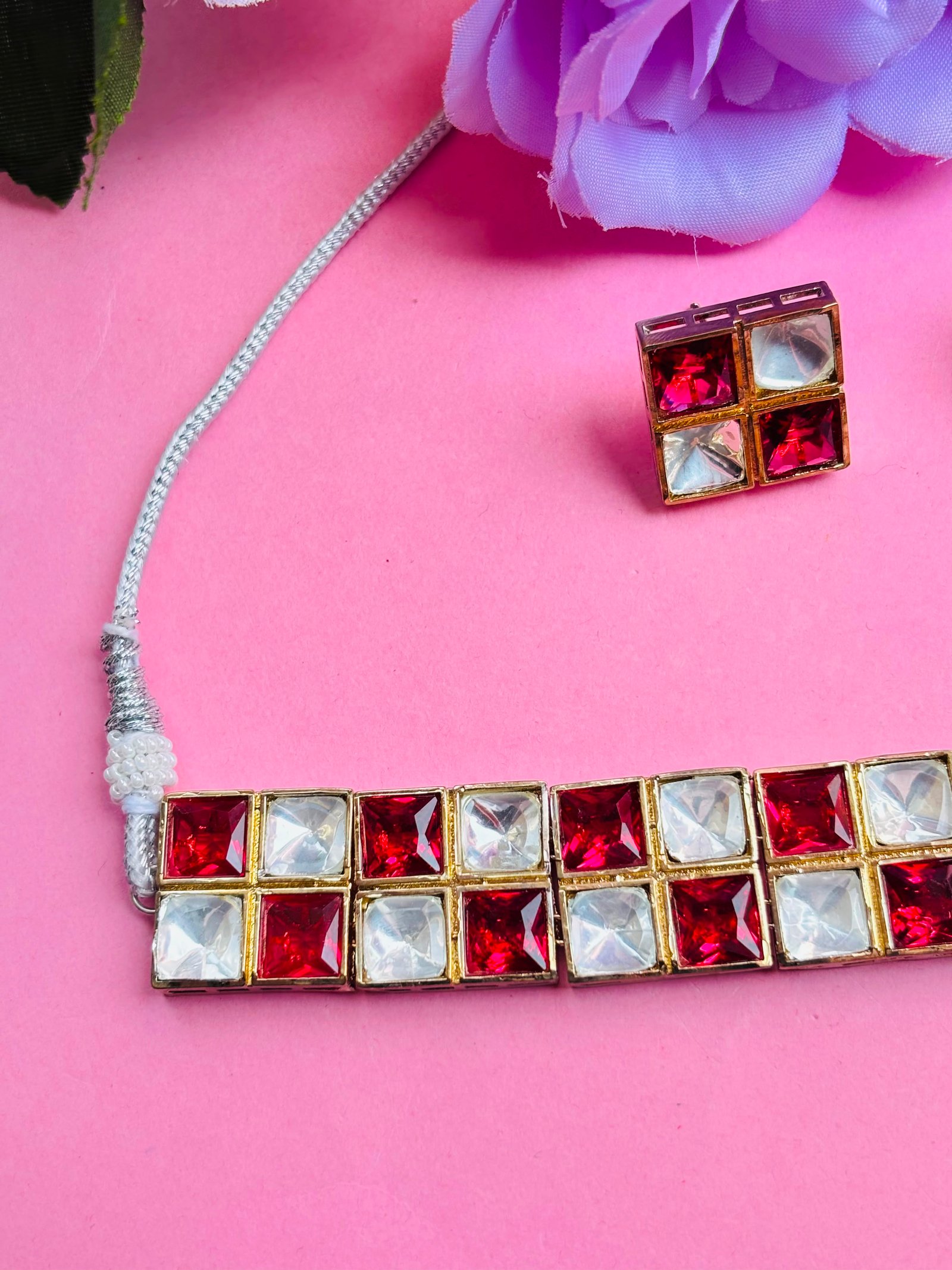Polki Choker Necklace Set With Red Checkered Stones - Image 5
