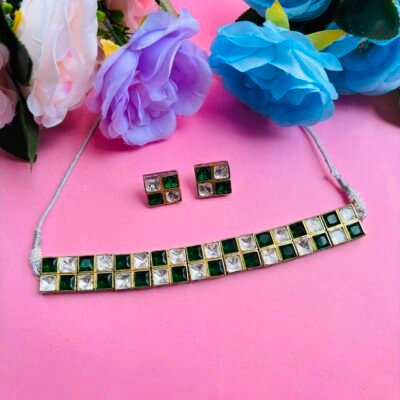 Polki Choker Necklace Set With Green Checkered Stones