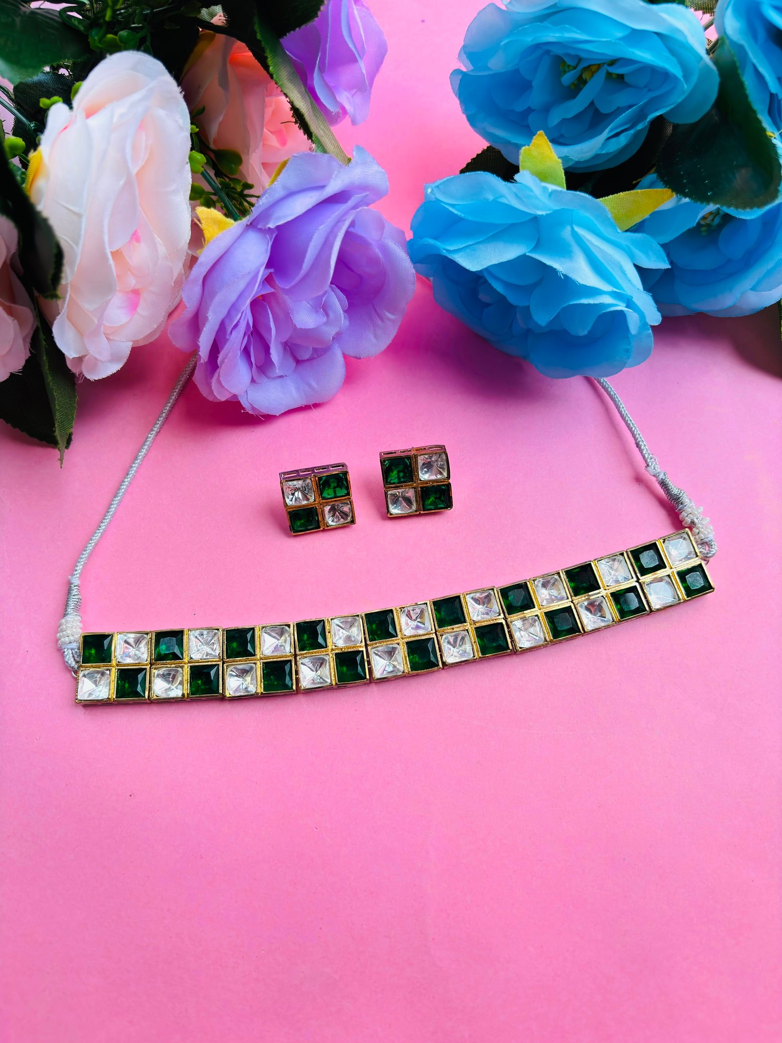 Polki Choker Necklace Set With Green Checkered Stones