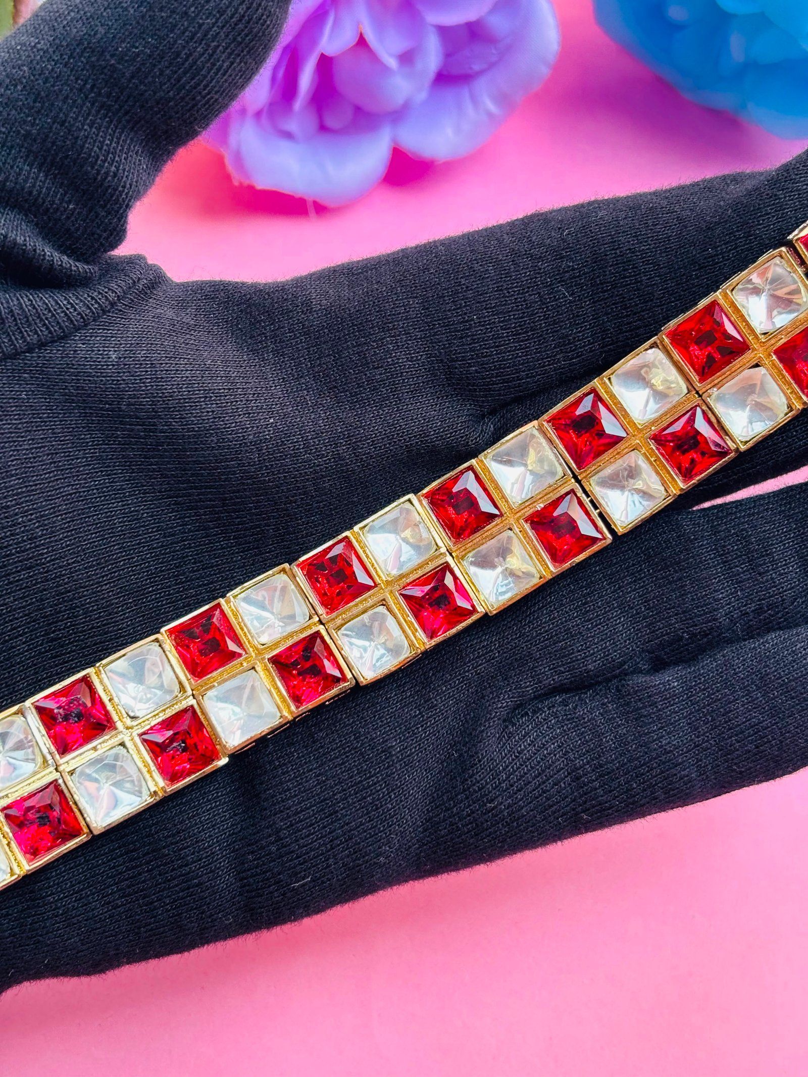 Polki Choker Necklace Set With Red Checkered Stones - Image 4
