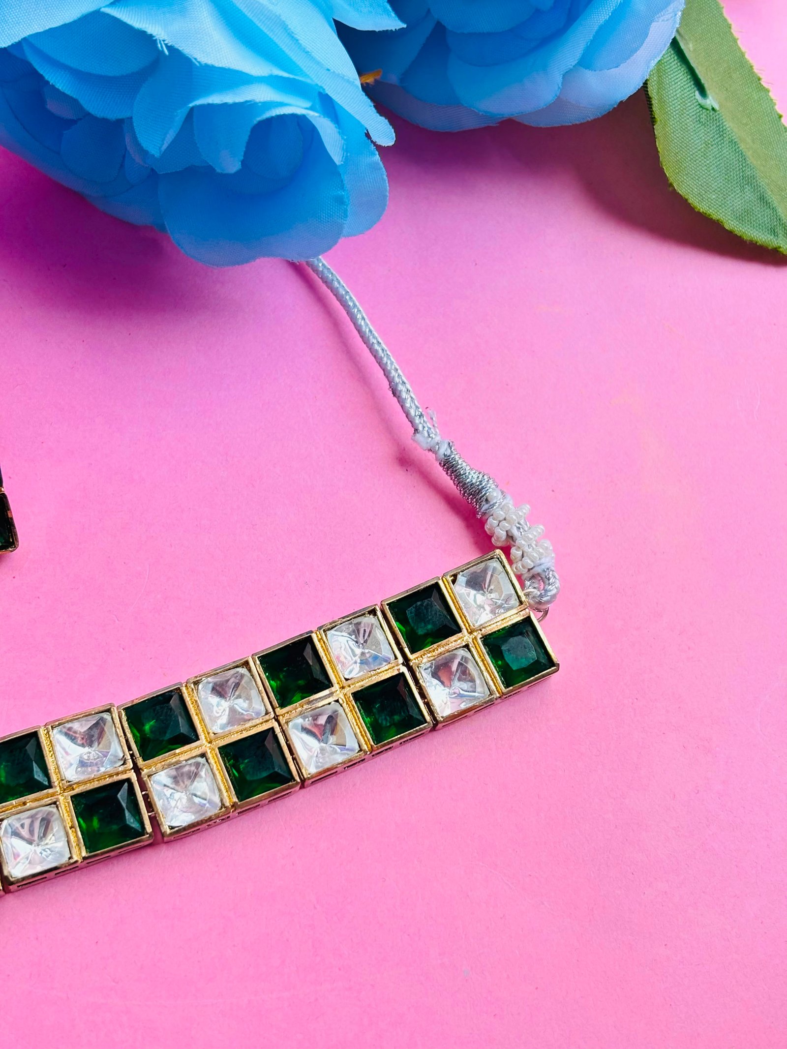Polki Choker Necklace Set With Green Checkered Stones - Image 4